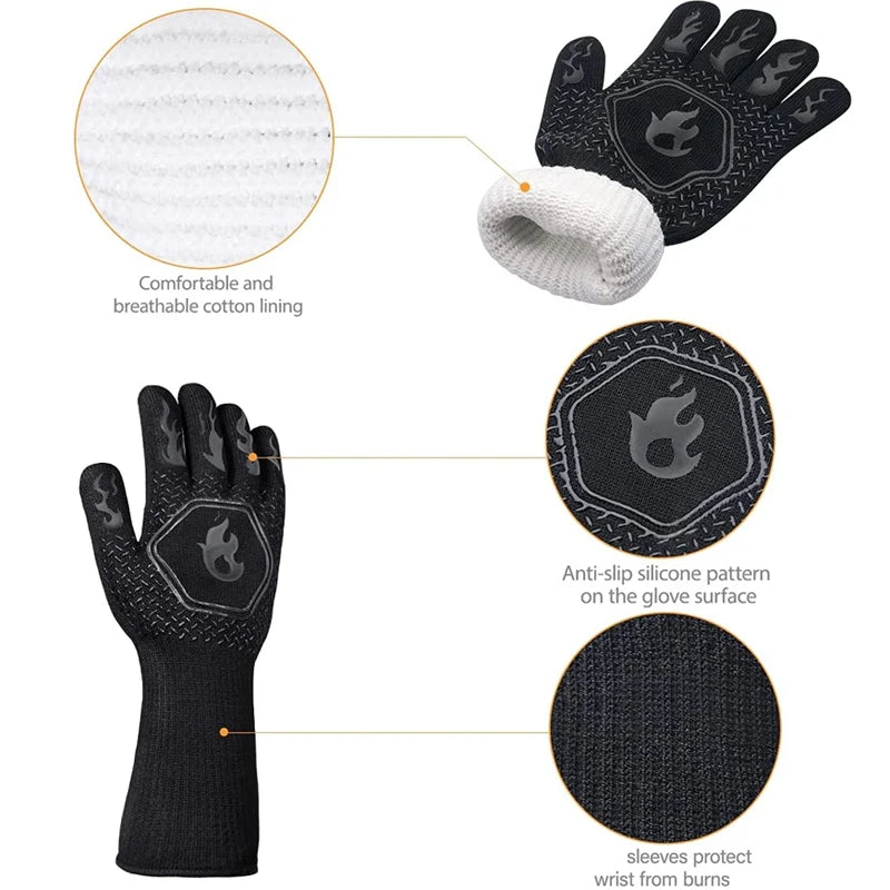Oven Gloves, Oven Mitts, Heat Resistant Fireproof Non-Slip Silicone BBQ Grill Gloves for Cooking Barbecue Baking