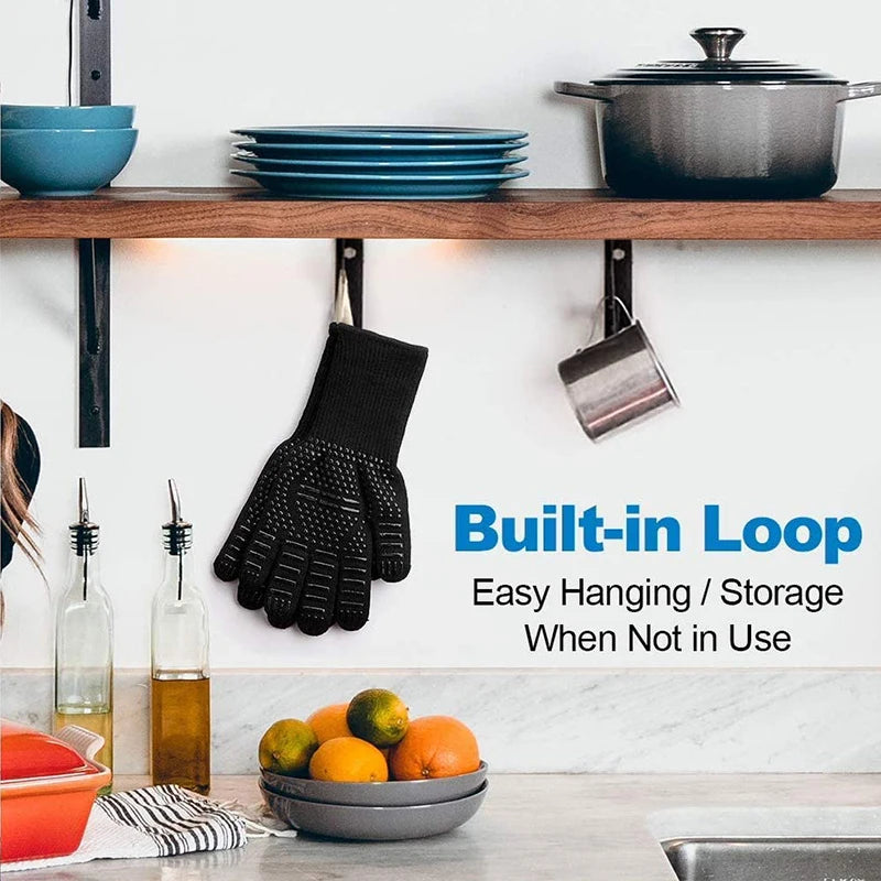 Oven Gloves, Oven Mitts, Heat Resistant Fireproof Non-Slip Silicone BBQ Grill Gloves for Cooking Barbecue Baking