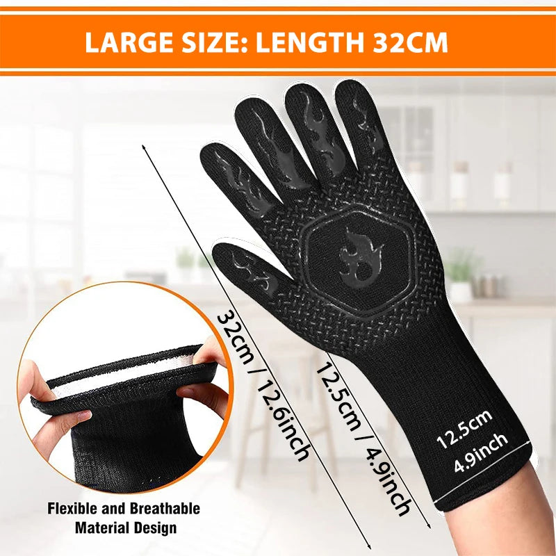 Oven Gloves, Oven Mitts, Heat Resistant Fireproof Non-Slip Silicone BBQ Grill Gloves for Cooking Barbecue Baking