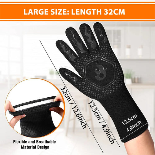 Oven Gloves, Oven Mitts, Heat Resistant Fireproof Non-Slip Silicone BBQ Grill Gloves for Cooking Barbecue Baking