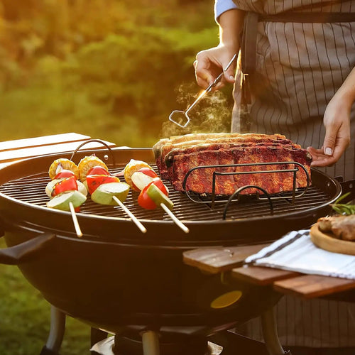 LMETJMA BBQ Rib Racks Non-Stick Coated Steel Roasting Barbecue Meat Roasting Grilling Stand Holds 4 Rib Rack For Gas Grill JT25t